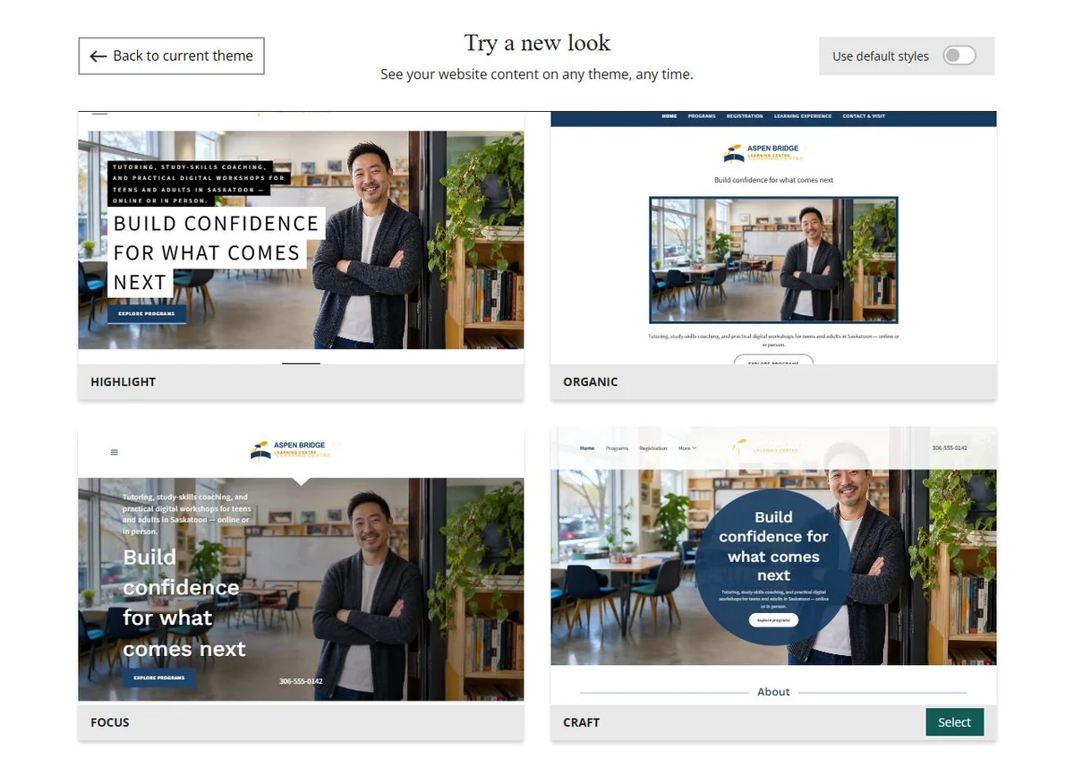 Website Builder theme previews for Aspen Bridge Learning Centre using its chosen colours, group 8