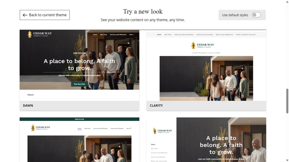 Website Builder theme previews for Cedar Way Community Church using chosen colours, group 5