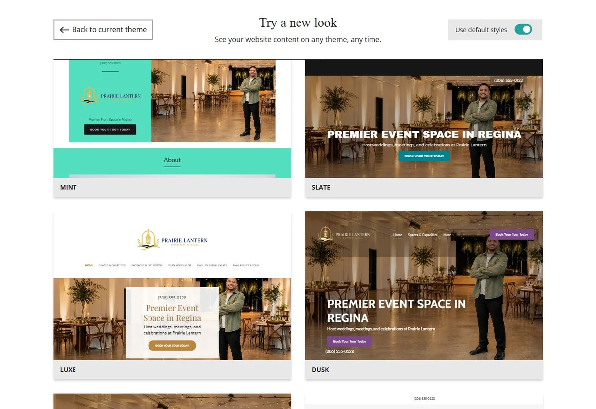 Website Builder default-style theme previews for Prairie Lantern Event Hall, group 5