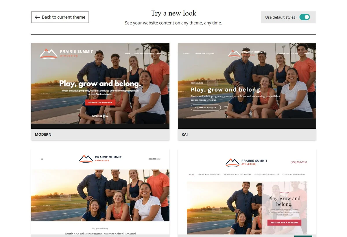 Website Builder theme previews for Prairie Summit Athletics using default styles, group 1
