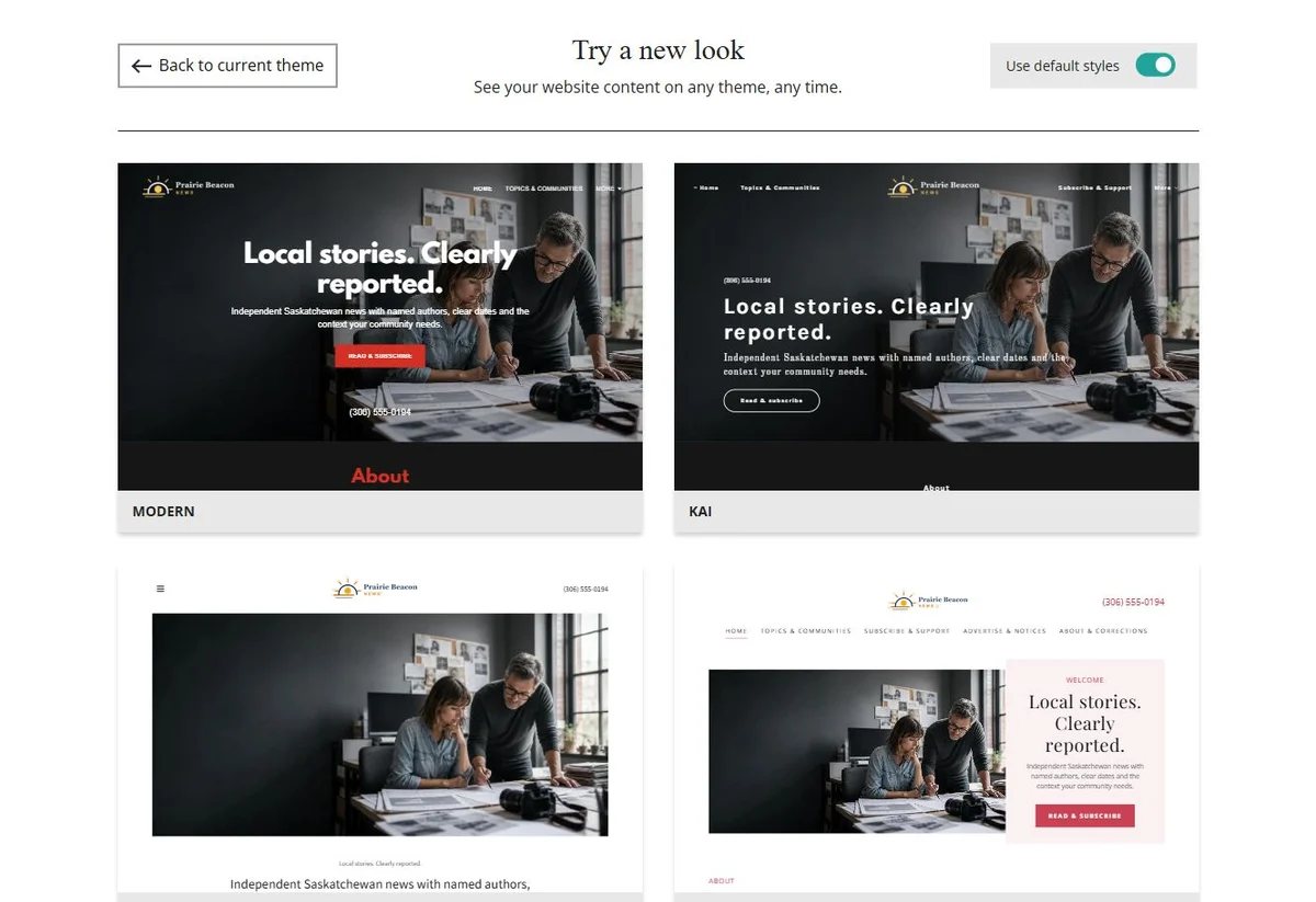 Website Builder theme previews for Prairie Beacon News using default styles, group 1