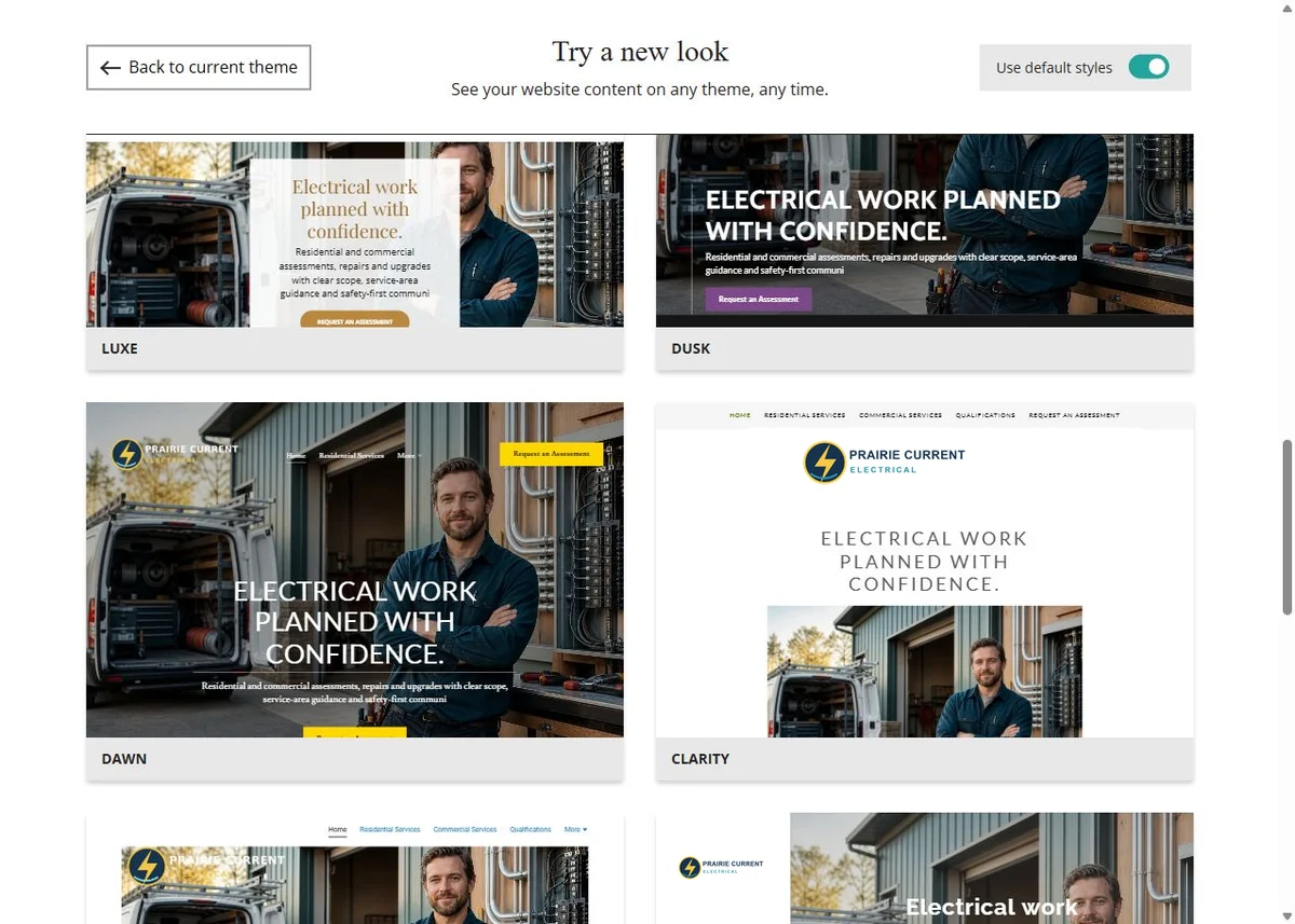 Luxe, Dusk, Dawn and Clarity Website Builder previews using each theme's default styles