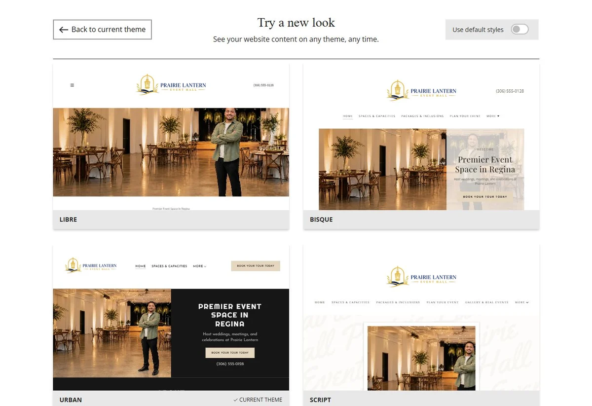 Website Builder theme previews for Prairie Lantern Event Hall, chosen-colour group 2