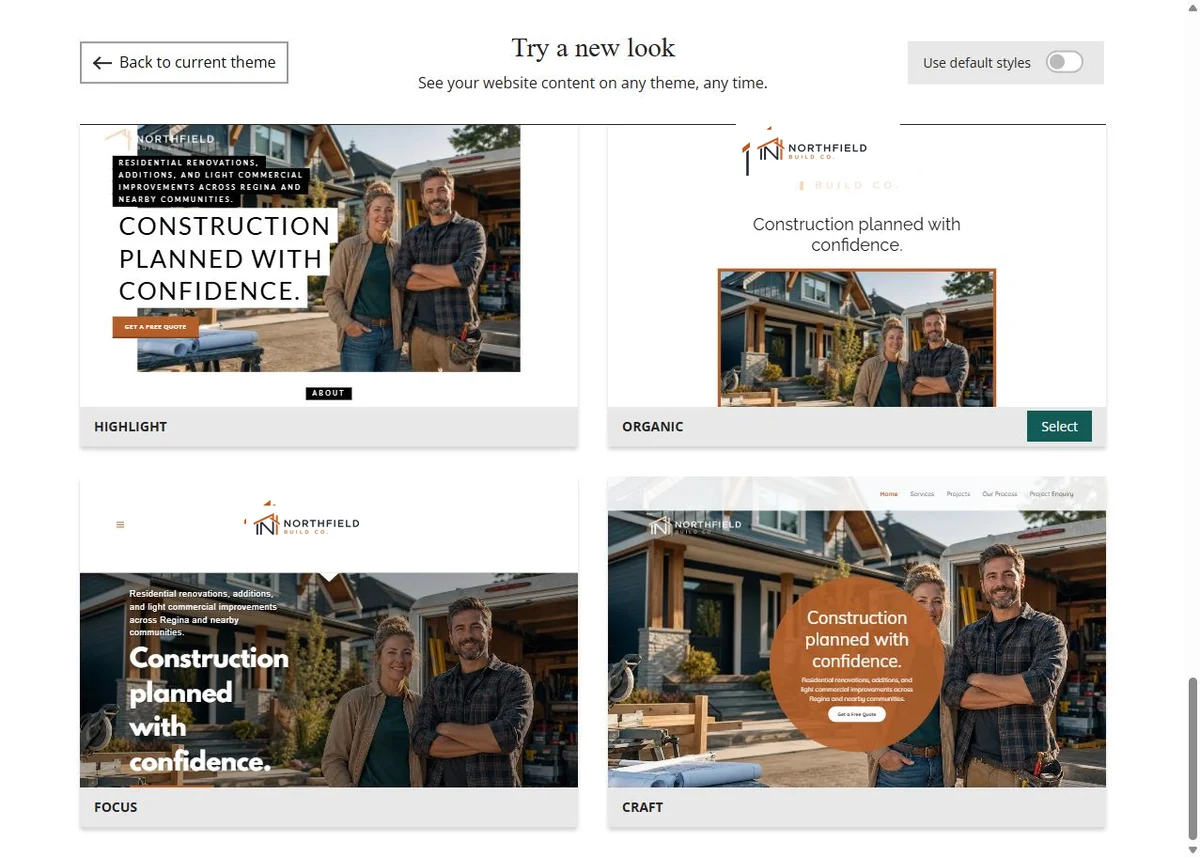 Highlight, Organic, Focus and Craft Website Builder previews using Northfield Build Co.'s selected copper colour