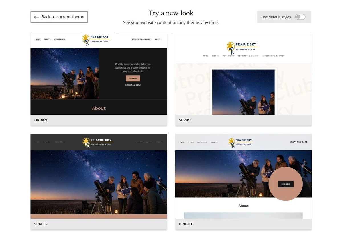Website Builder theme previews for Prairie Sky Astronomy Club using its chosen colours, group 3