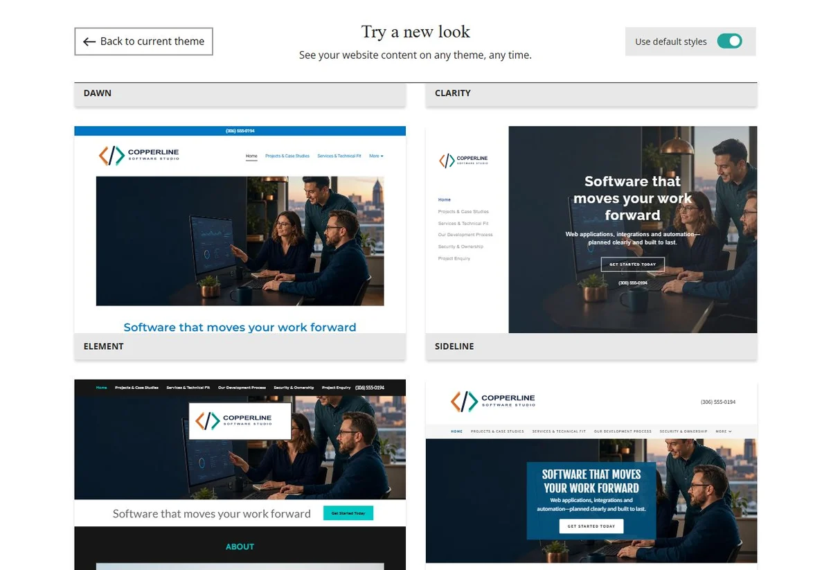 Website Builder default-style theme previews for Copperline Software Studio, group 5