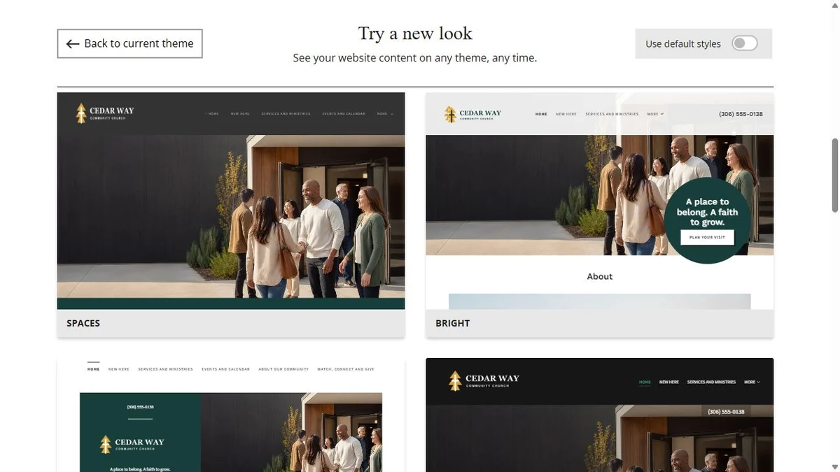 Website Builder theme previews for Cedar Way Community Church using chosen colours, group 3