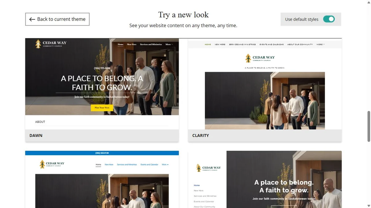 Website Builder theme previews for Cedar Way Community Church using default styles, group 5