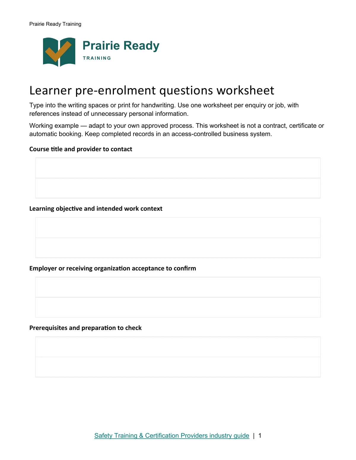 Learner pre-enrolment questions worksheet · Page 1