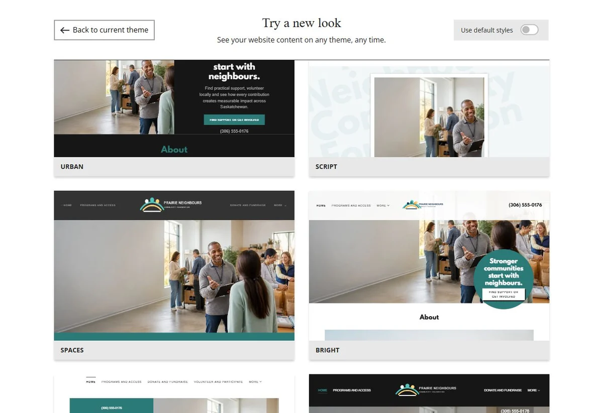 Website Builder theme previews for Prairie Neighbours using its chosen colours, group 5