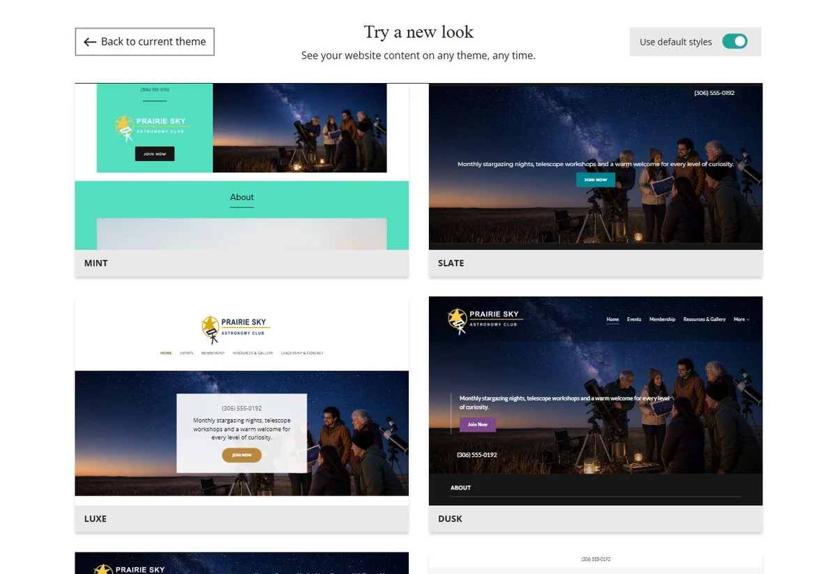 Website Builder theme previews for Prairie Sky Astronomy Club using default styles, group 5
