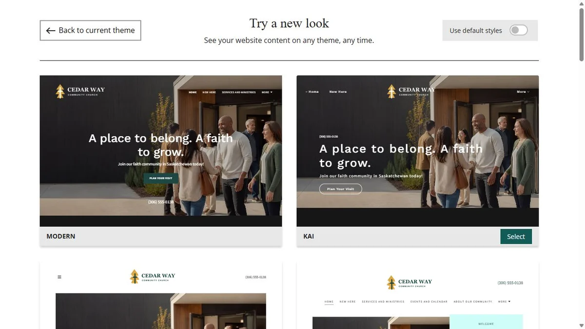 Website Builder theme previews for Cedar Way Community Church using chosen colours, group 1