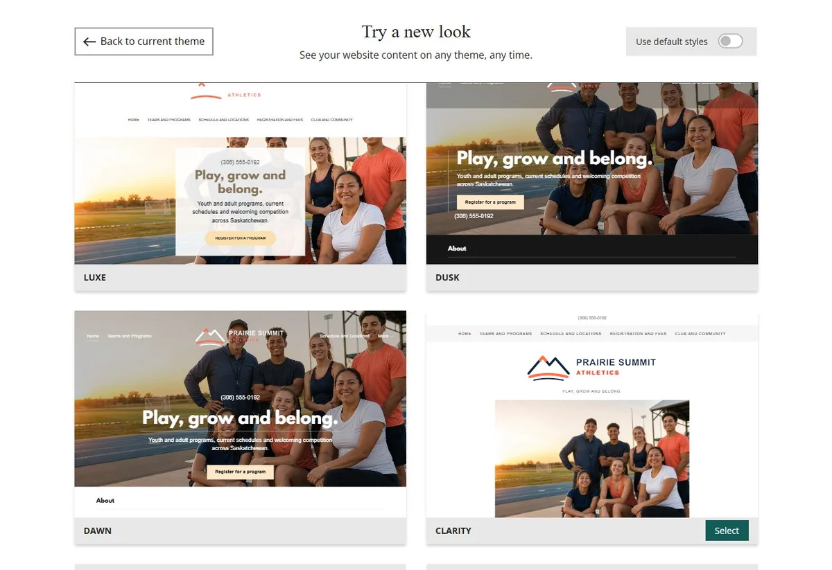 Website Builder theme previews for Prairie Summit Athletics using its chosen colours, group 6