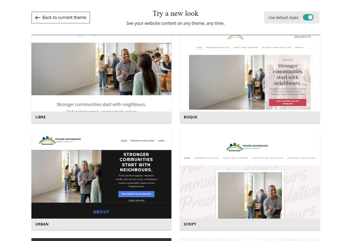 Website Builder theme previews for Prairie Neighbours using default styles, group 3