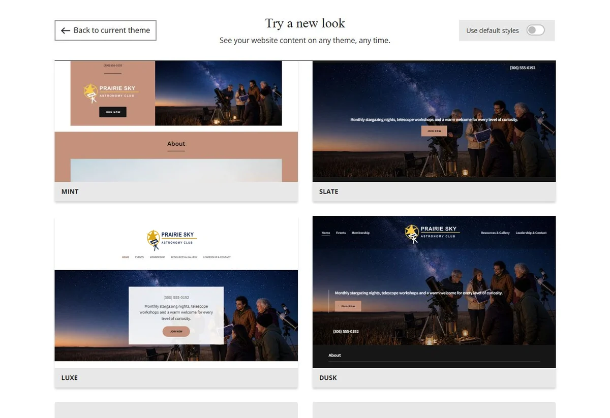 Website Builder theme previews for Prairie Sky Astronomy Club using its chosen colours, group 5