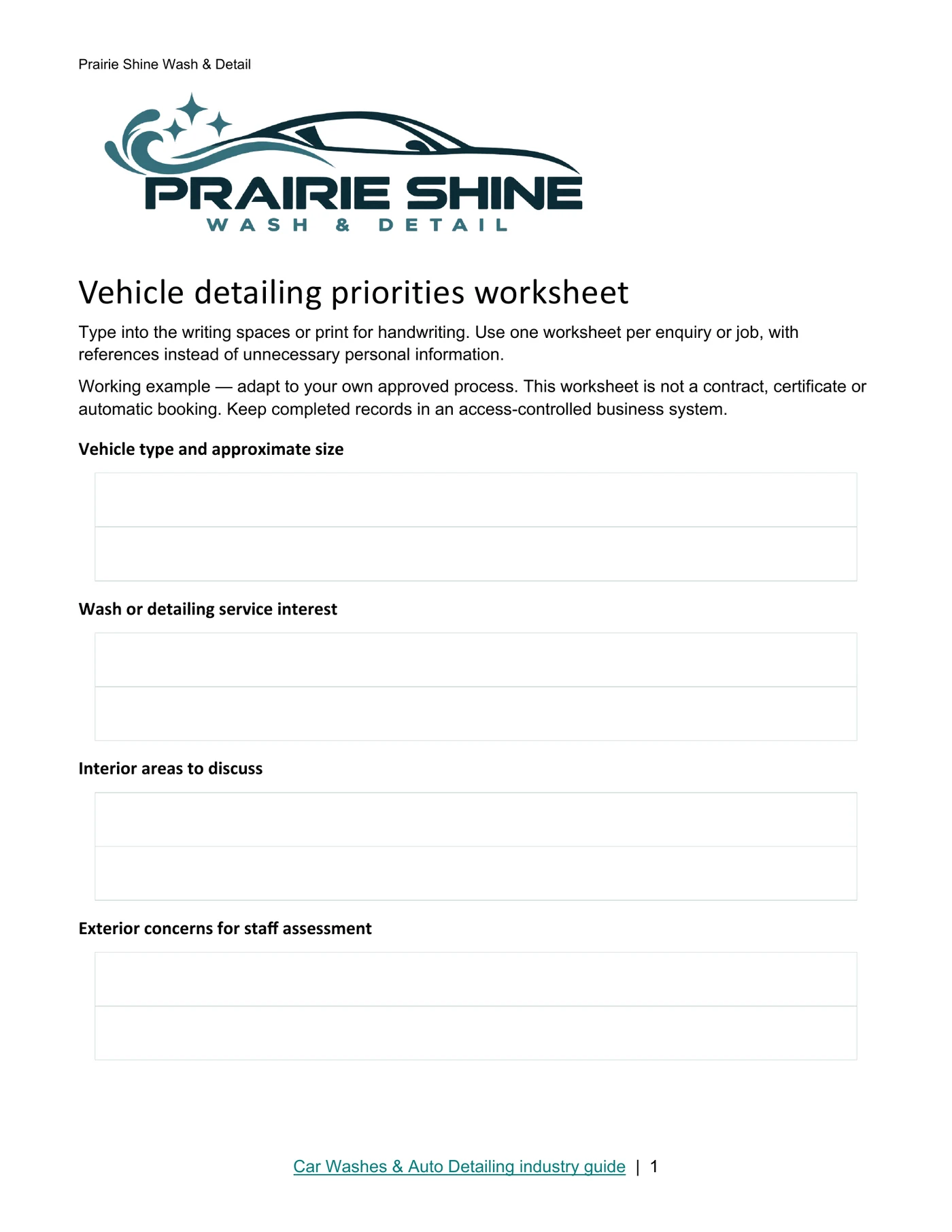 Vehicle detailing priorities worksheet · Page 1
