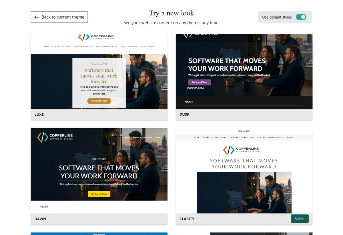 Website Builder default-style theme previews for Copperline Software Studio, group 4