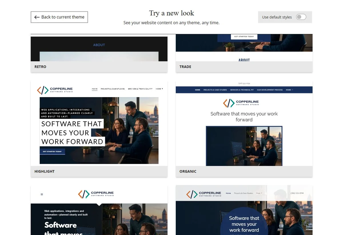Website Builder chosen-colour theme previews for Copperline Software Studio, group 6