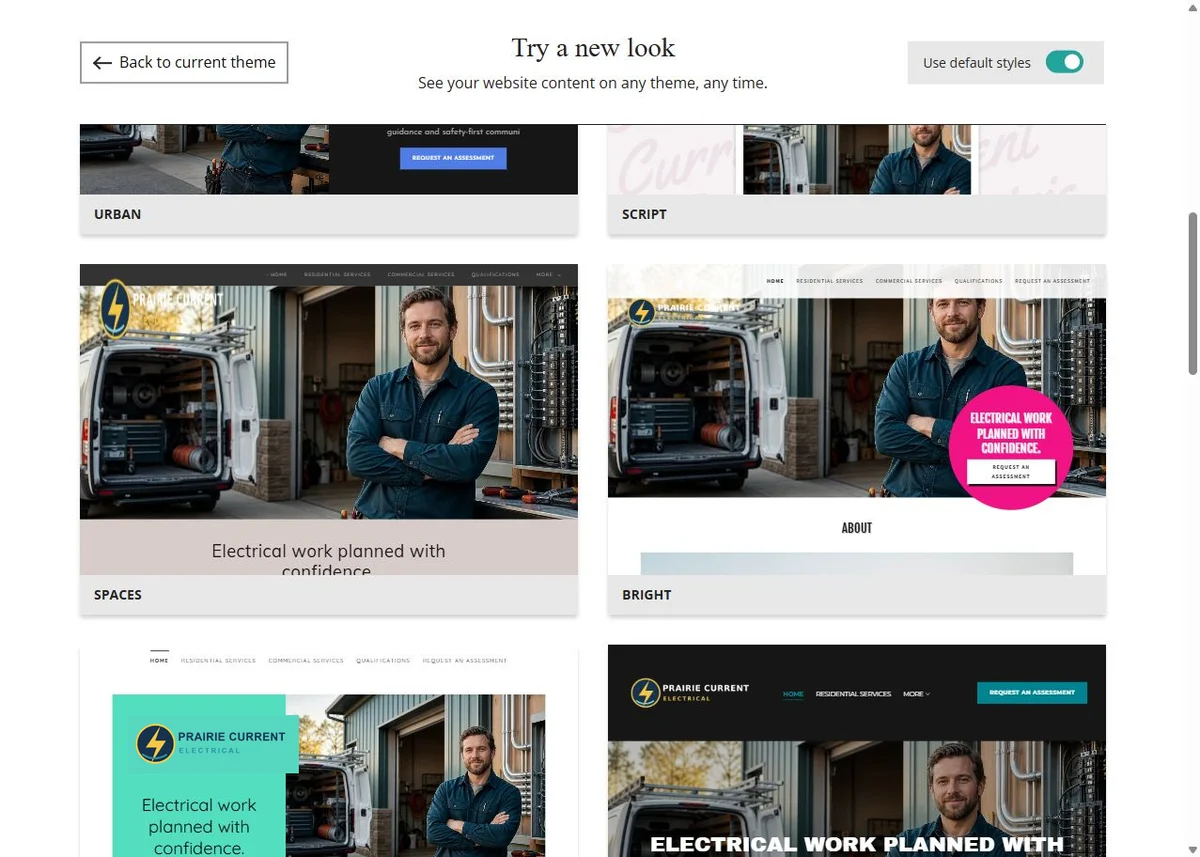 Urban, Script, Spaces and Bright Website Builder previews using each theme's default styles