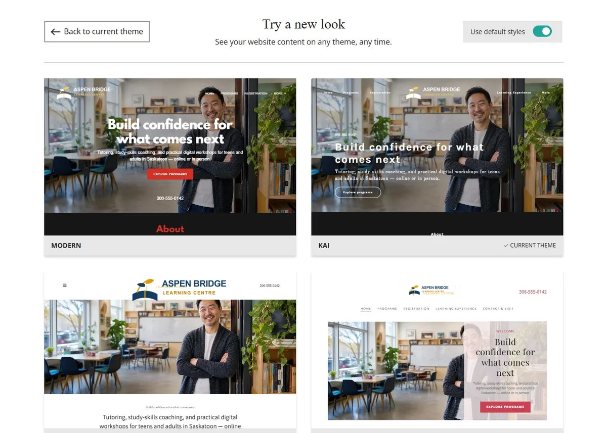 Website Builder theme previews for Aspen Bridge Learning Centre using default styles, group 1