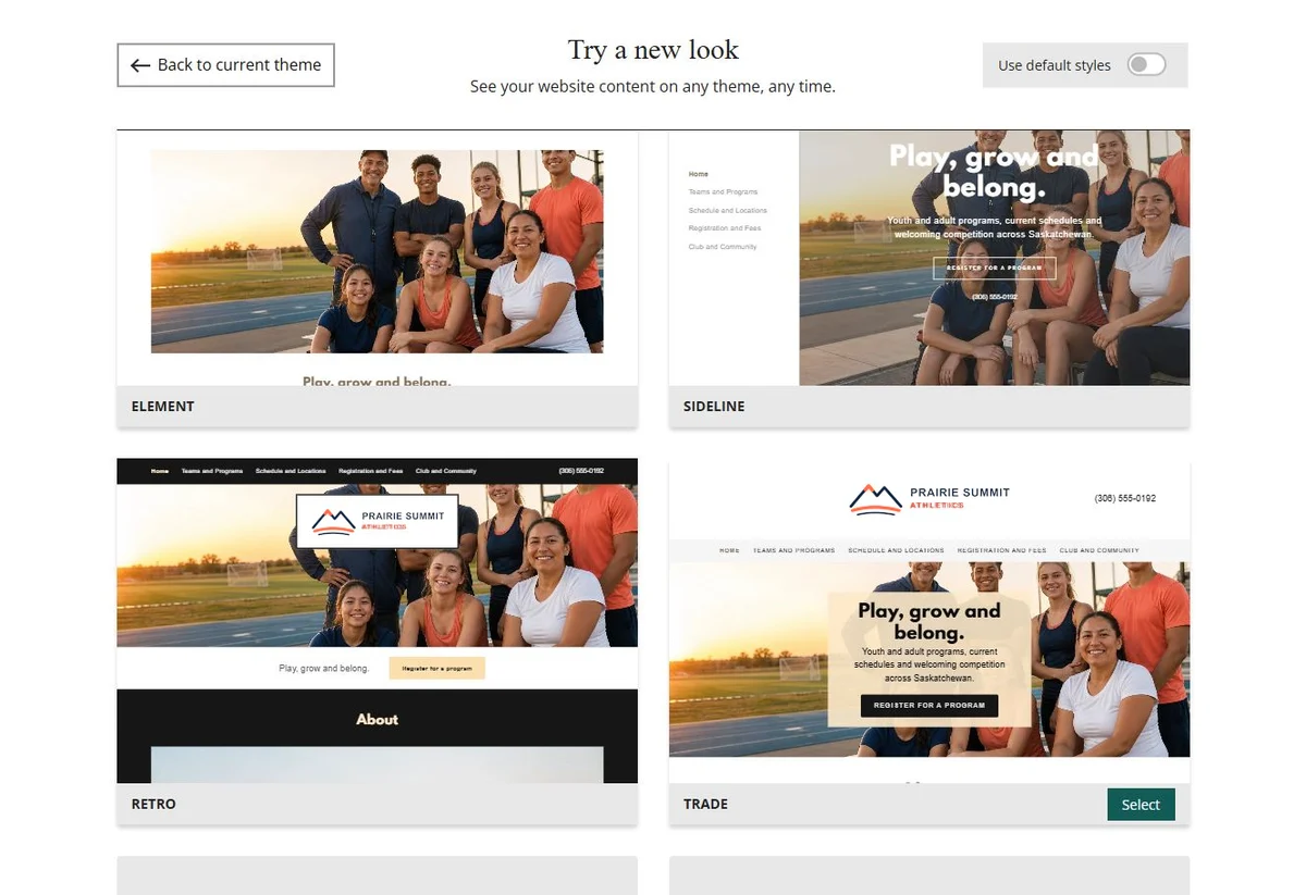 Website Builder theme previews for Prairie Summit Athletics using its chosen colours, group 8