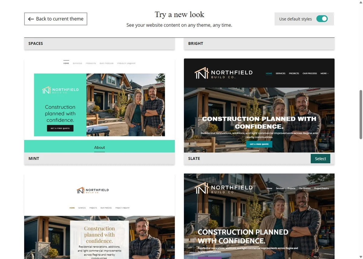 Mint, Slate, Luxe and Dusk Website Builder previews using each theme's default styles