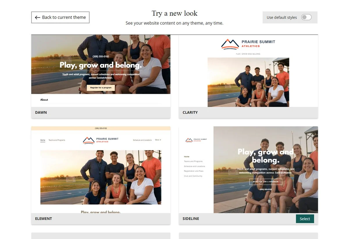 Website Builder theme previews for Prairie Summit Athletics using its chosen colours, group 7
