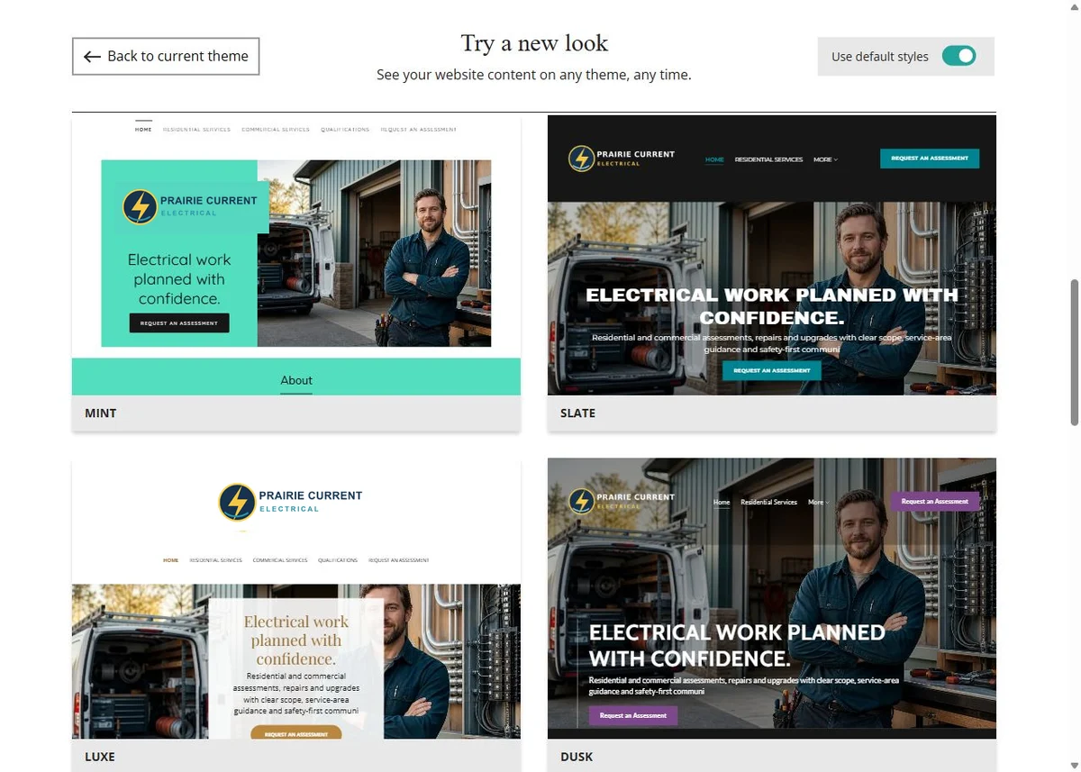 Mint, Slate, Luxe and Dusk Website Builder previews using each theme's default styles