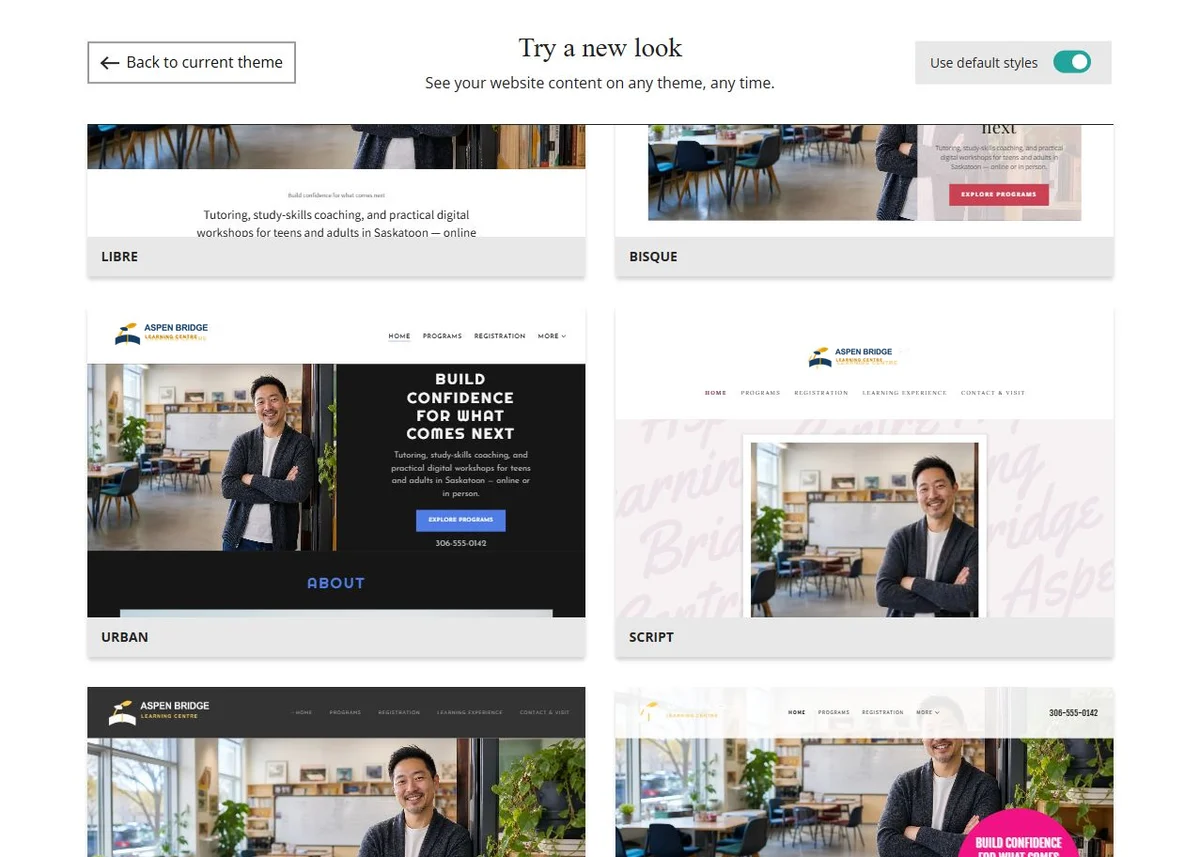 Website Builder theme previews for Aspen Bridge Learning Centre using default styles, group 2