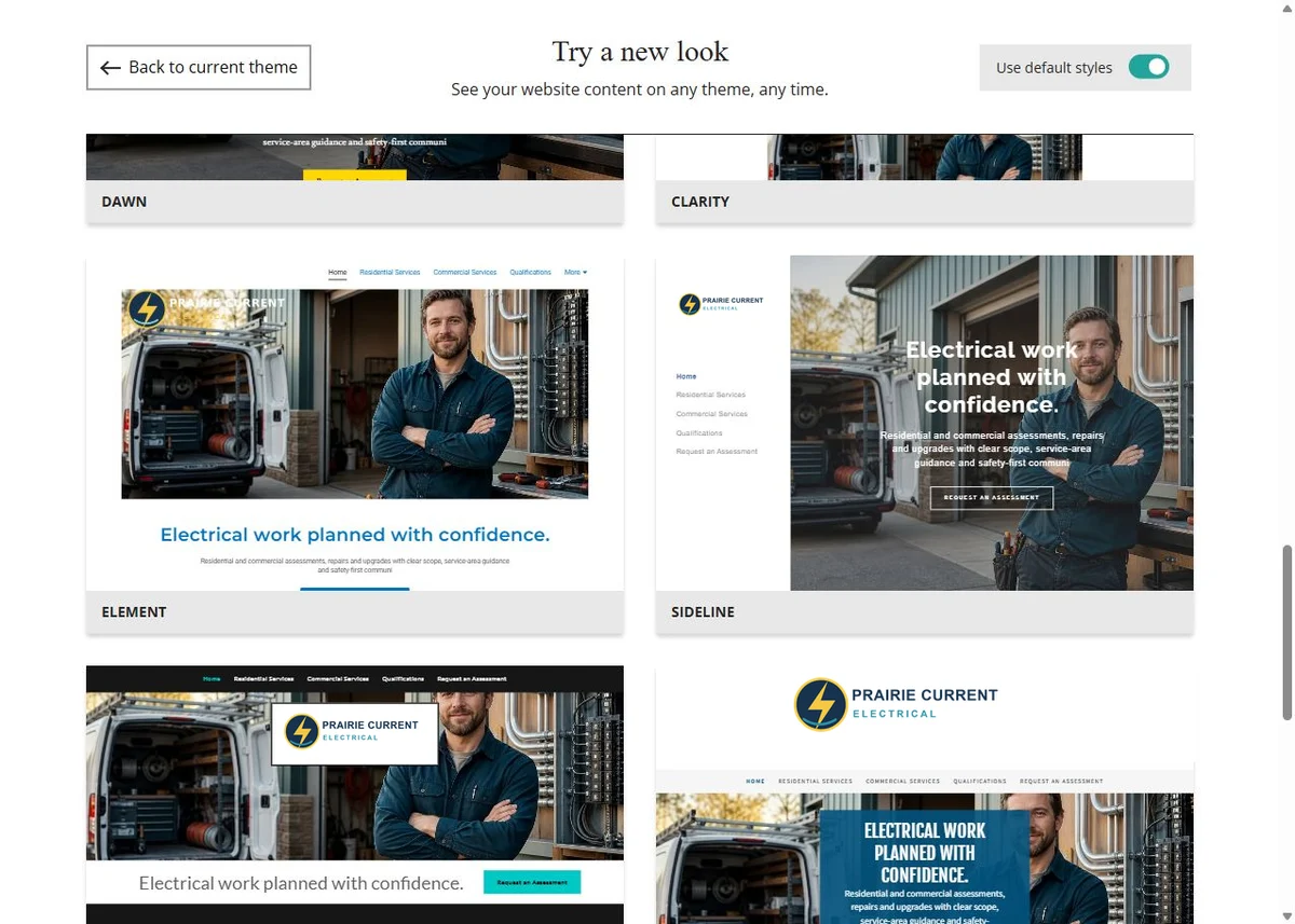 Dawn, Clarity, Element and Sideline Website Builder previews using each theme's default styles
