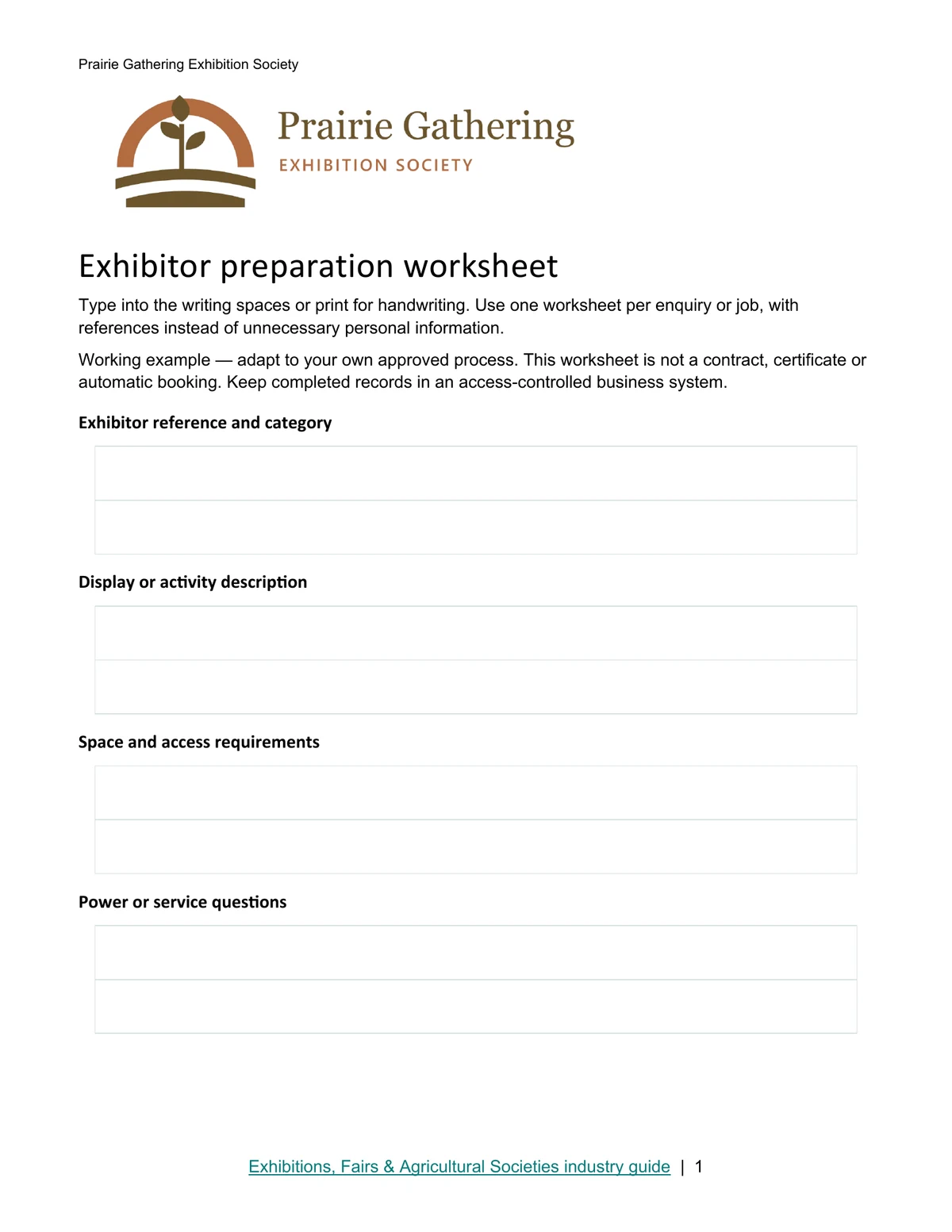 Exhibitor preparation worksheet · Page 1