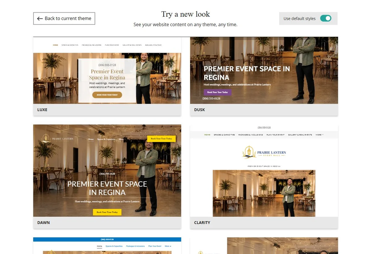 Website Builder default-style theme previews for Prairie Lantern Event Hall, group 6