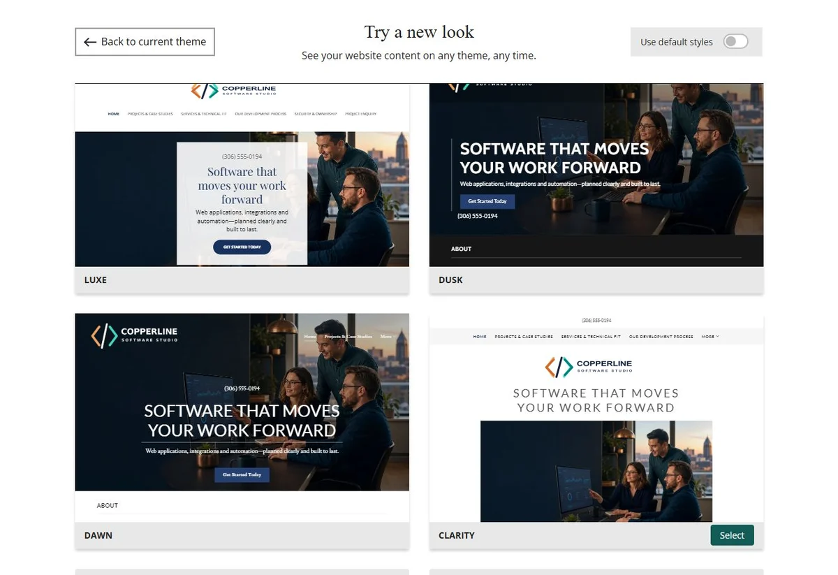 Website Builder chosen-colour theme previews for Copperline Software Studio, group 4