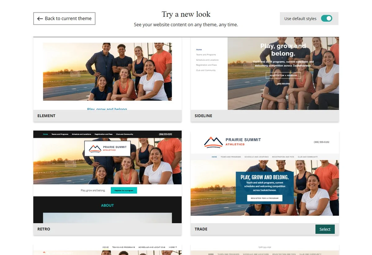 Website Builder theme previews for Prairie Summit Athletics using default styles, group 8