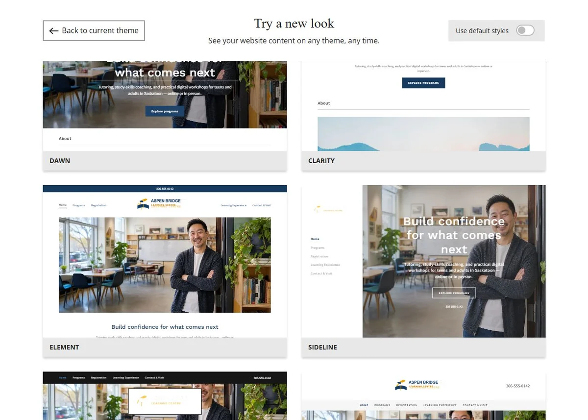 Website Builder theme previews for Aspen Bridge Learning Centre using its chosen colours, group 5