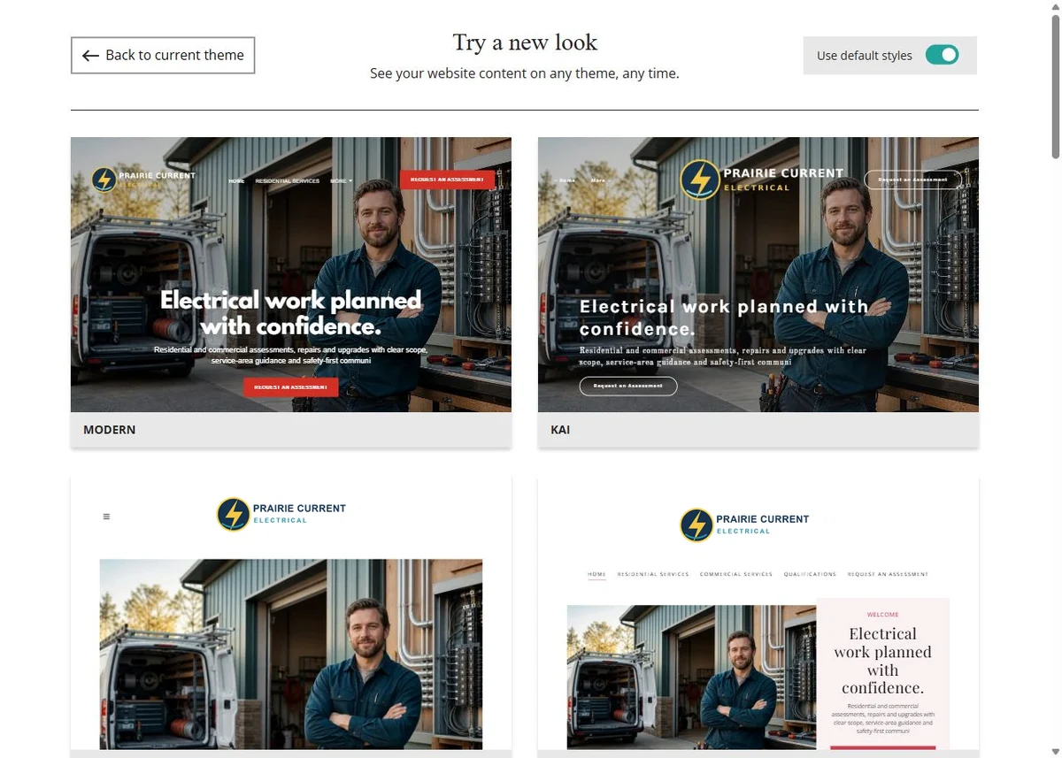 Modern, Kai, Libre and Bisque Website Builder previews using each theme's default styles