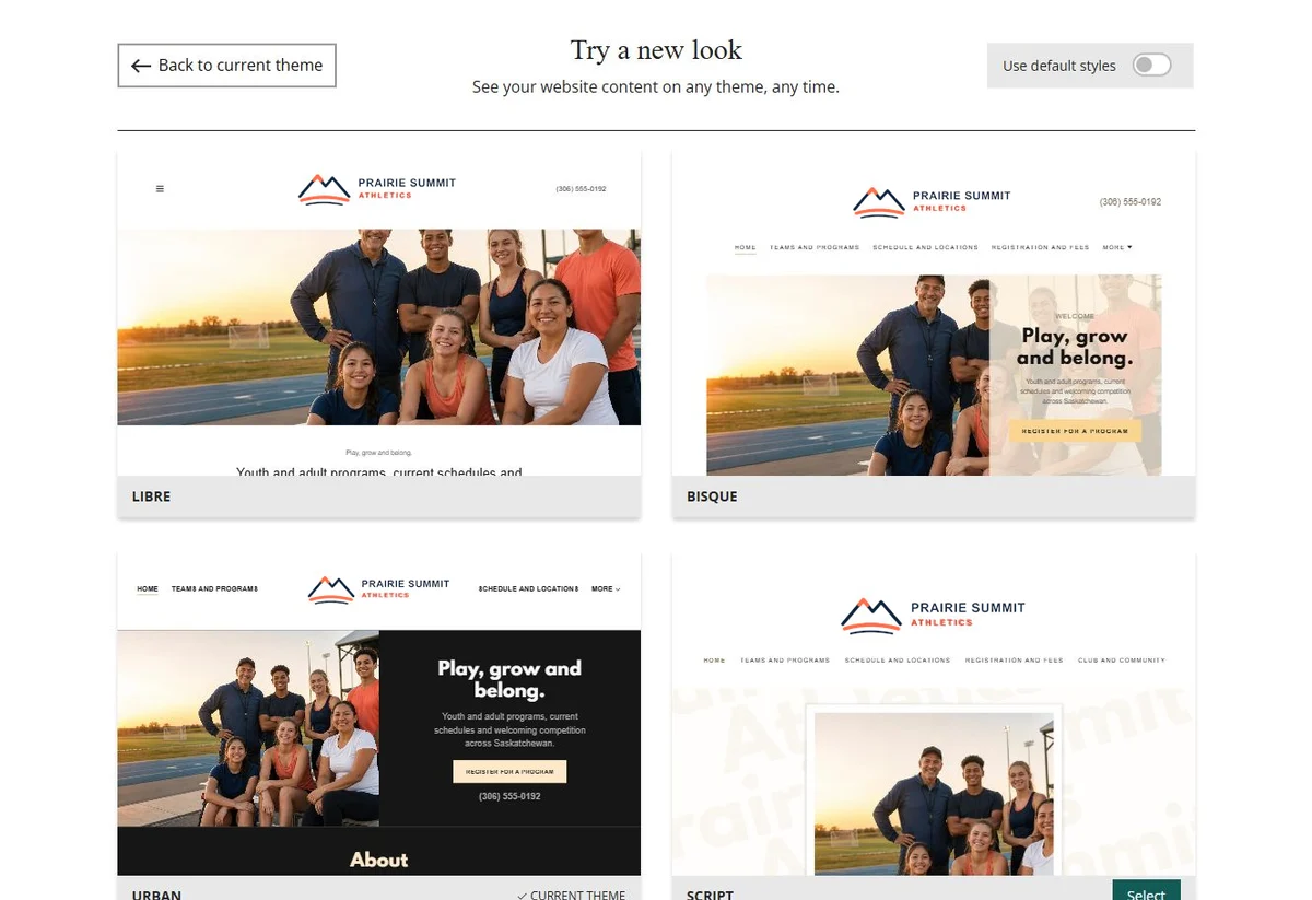 Website Builder theme previews for Prairie Summit Athletics using its chosen colours, group 2