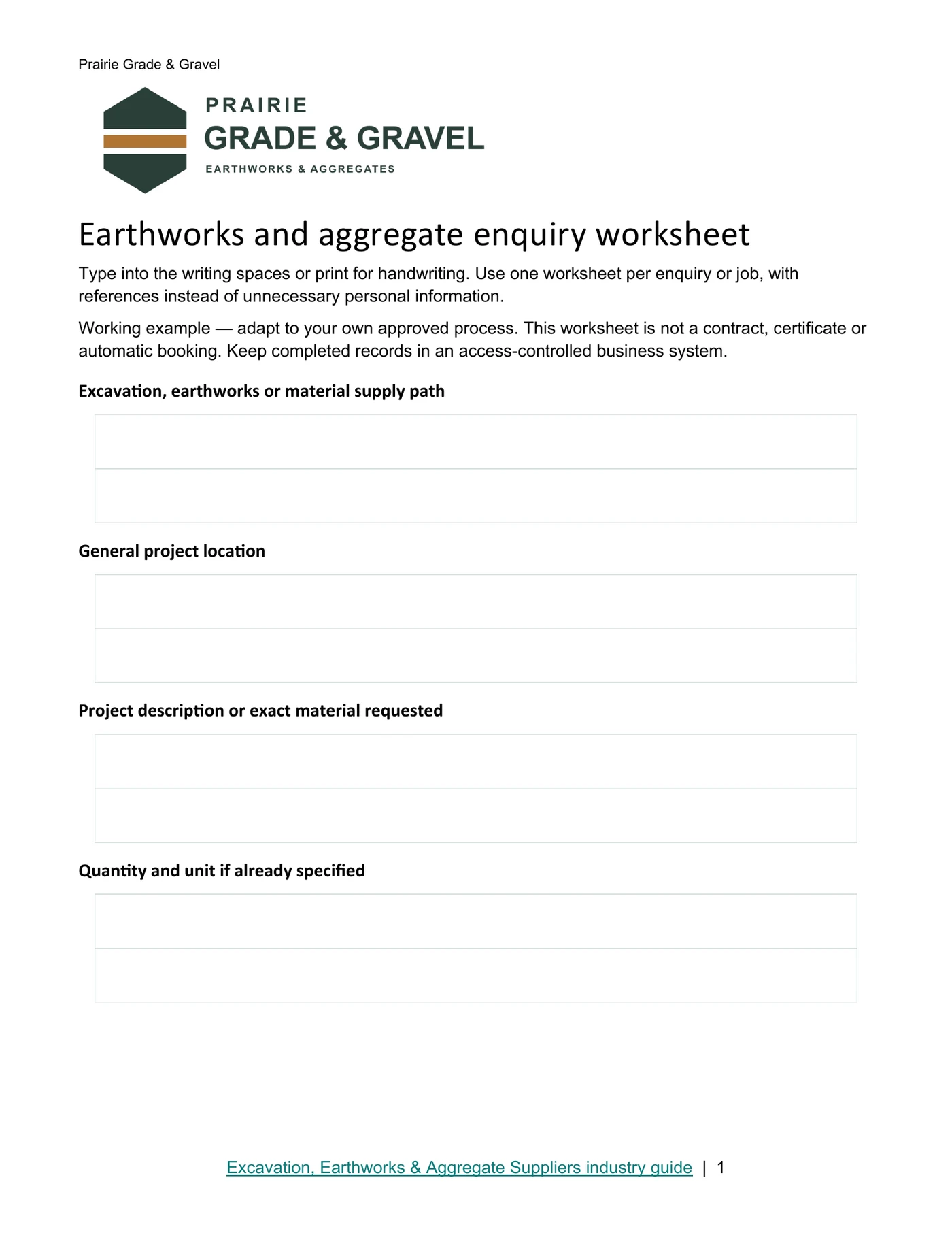 Earthworks and aggregate enquiry worksheet · Page 1
