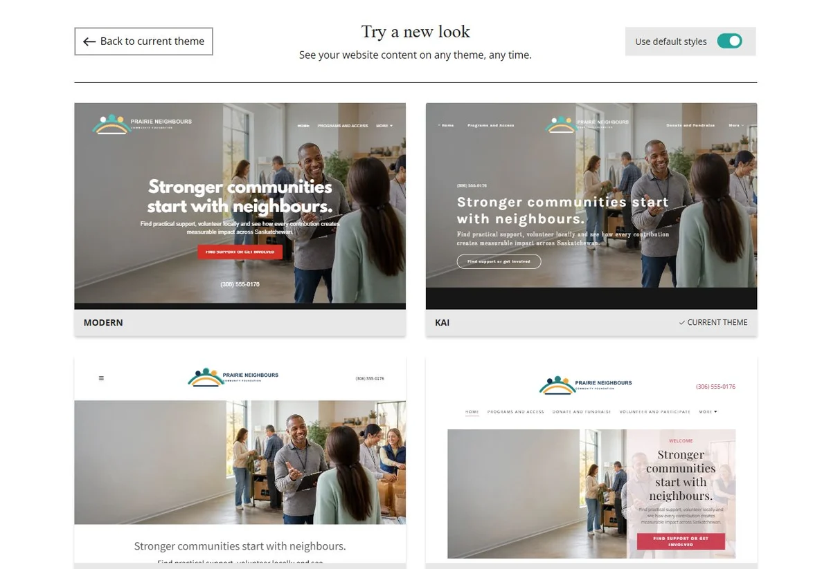 Website Builder theme previews for Prairie Neighbours using default styles, group 1