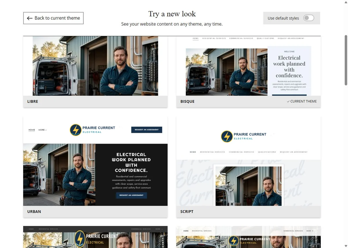 Libre, Bisque, Urban and Script Website Builder previews using Prairie Current Electrical's chosen navy colour