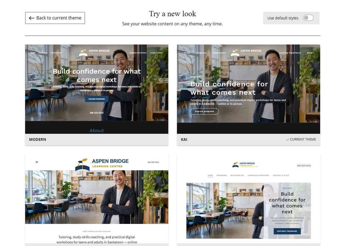 Website Builder theme previews for Aspen Bridge Learning Centre using its chosen colours, group 1