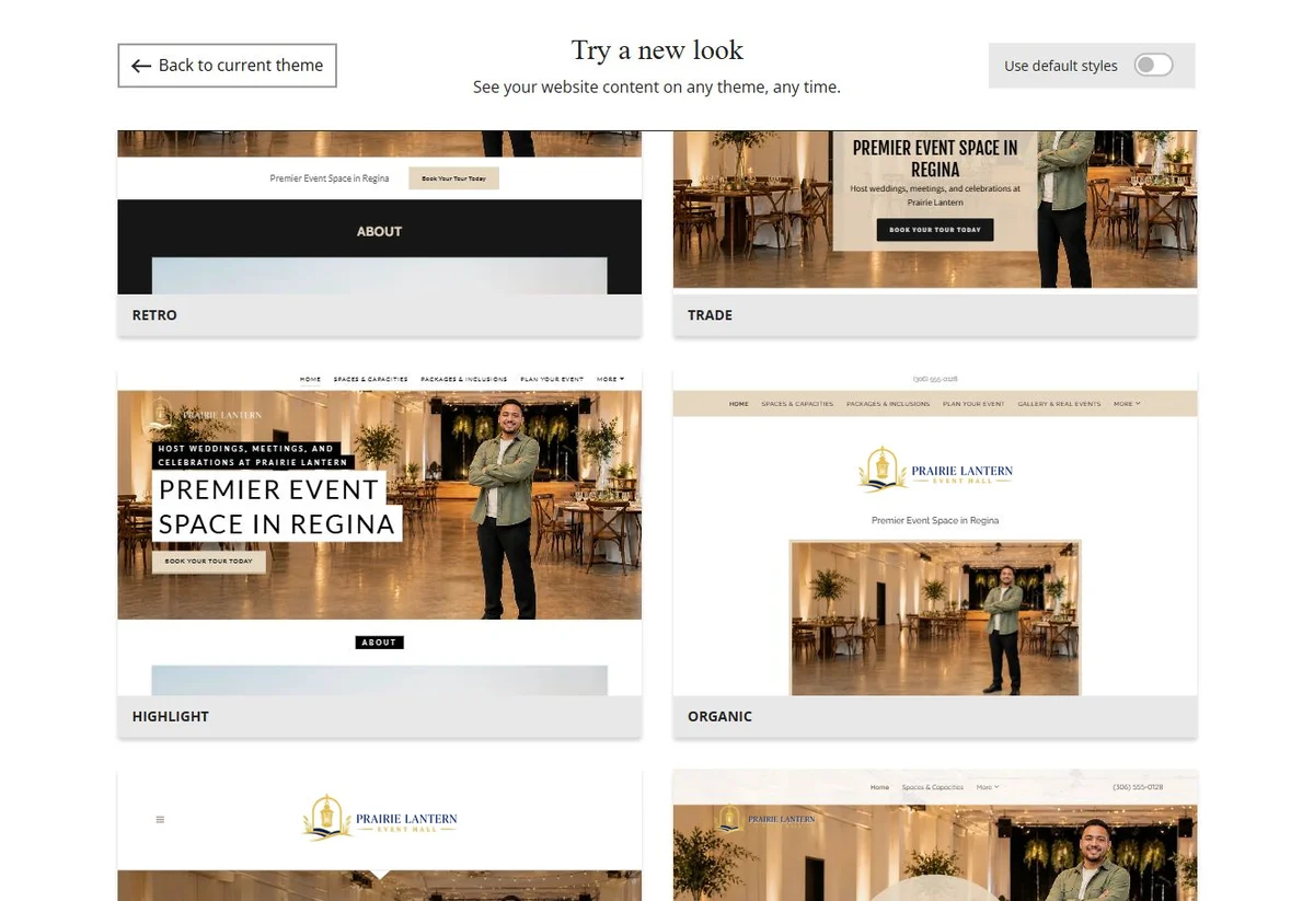 Website Builder theme previews for Prairie Lantern Event Hall, chosen-colour group 9