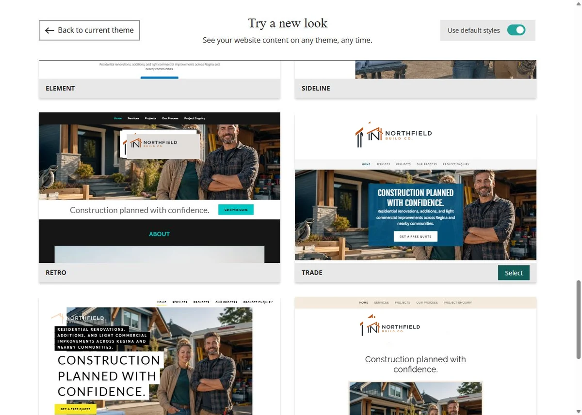 Retro, Trade, Highlight and Organic Website Builder previews using each theme's default styles