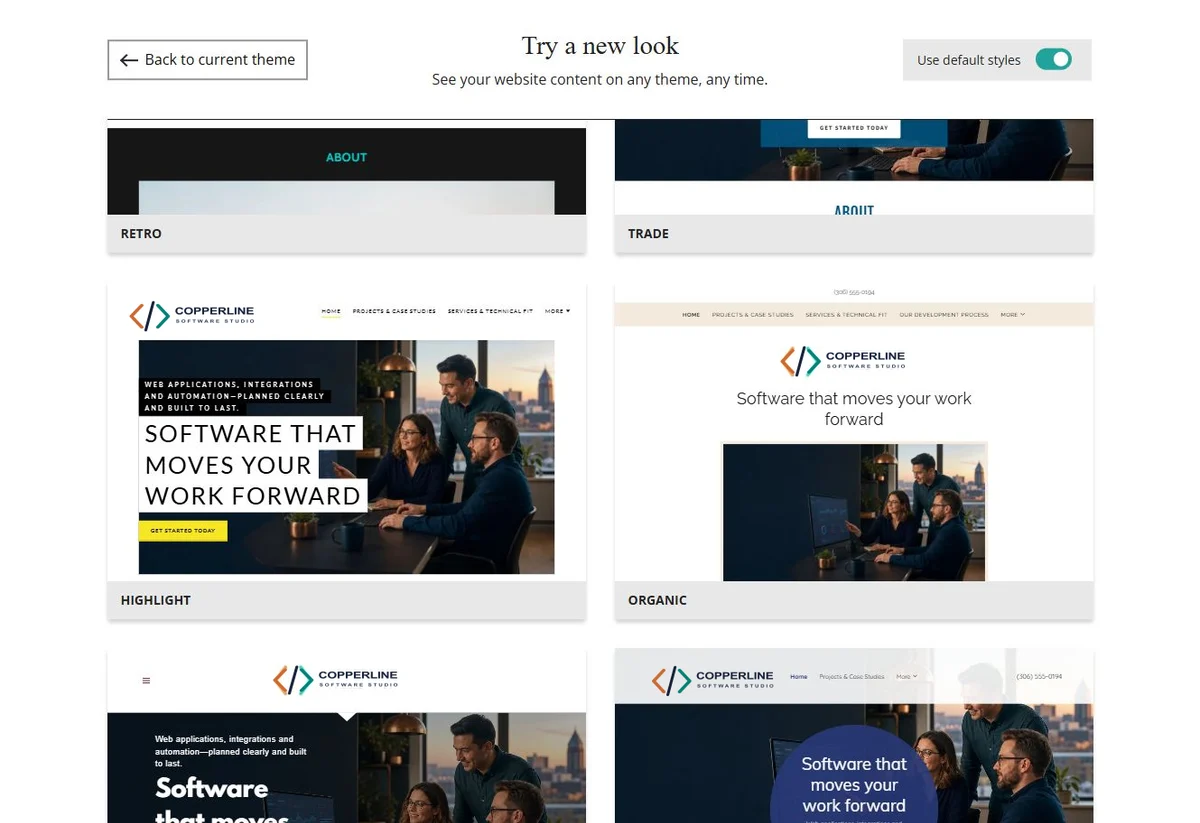 Website Builder default-style theme previews for Copperline Software Studio, group 6