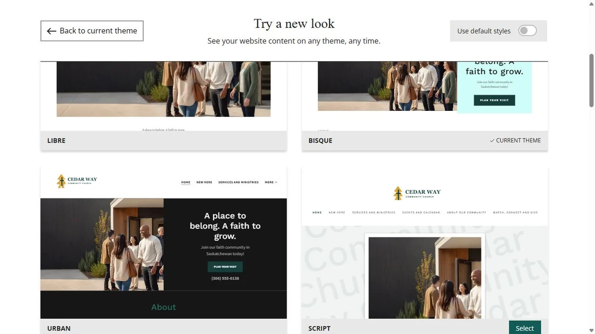Website Builder theme previews for Cedar Way Community Church using chosen colours, group 2