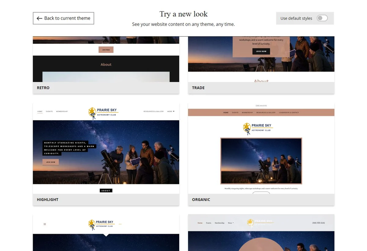 Website Builder theme previews for Prairie Sky Astronomy Club using its chosen colours, group 9