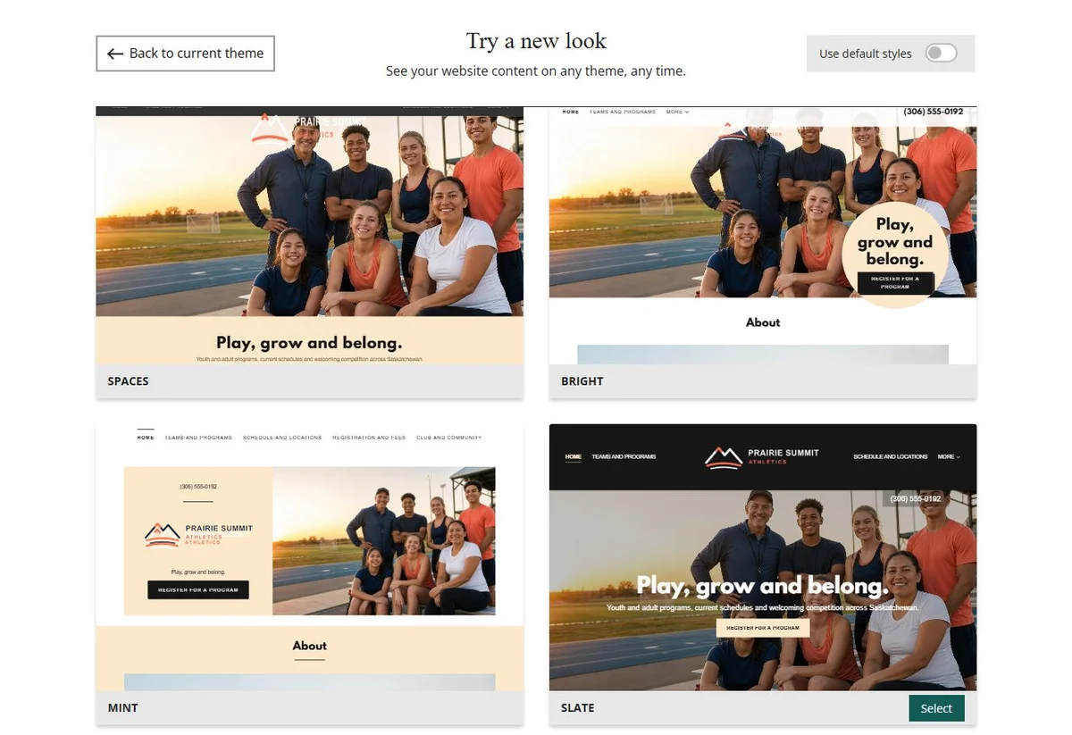 Website Builder theme previews for Prairie Summit Athletics using its chosen colours, group 4