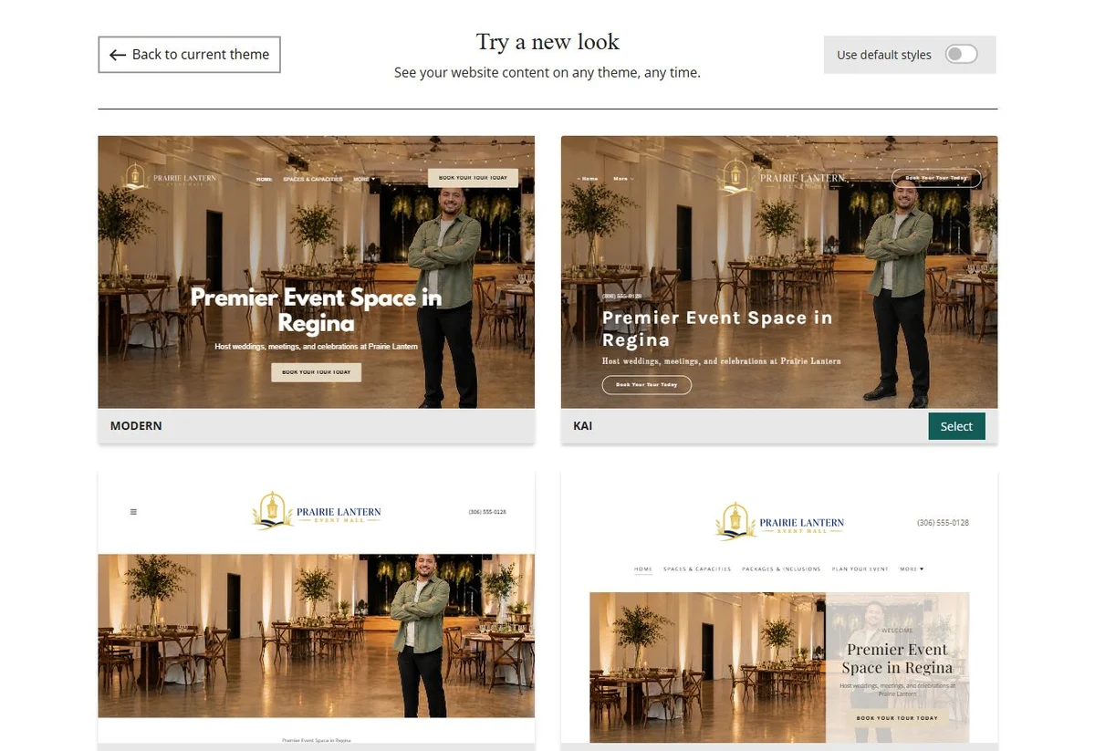 Website Builder theme previews for Prairie Lantern Event Hall, chosen-colour group 1