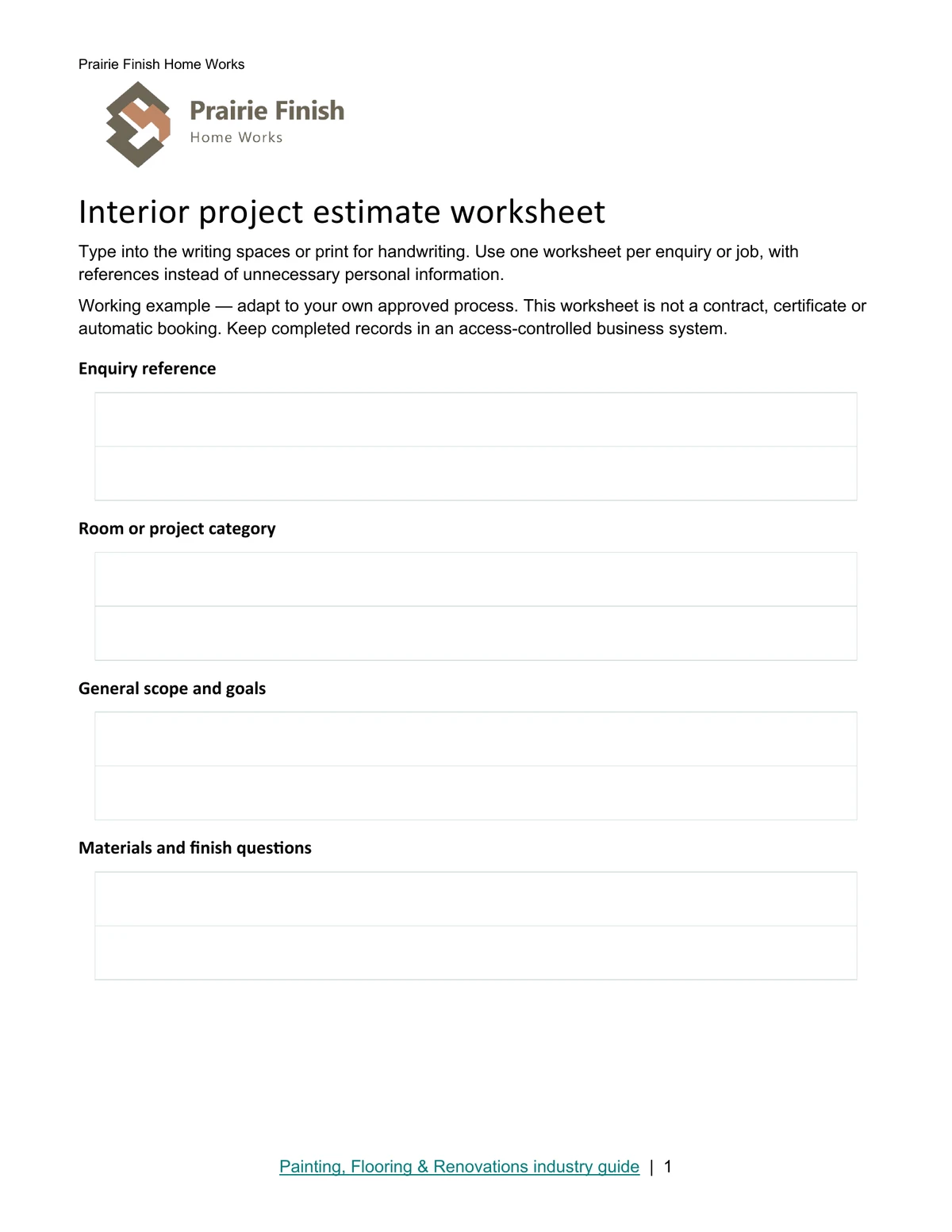 Interior project estimate worksheet · Page 1