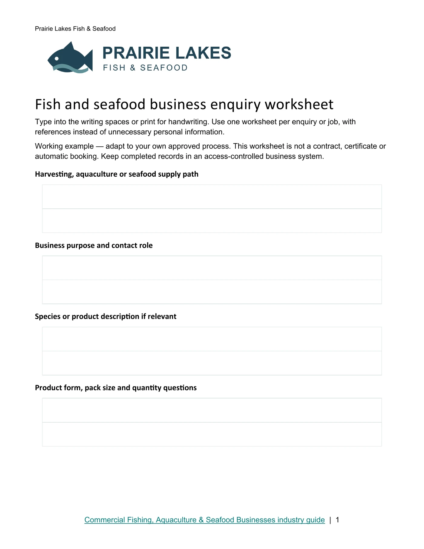 Fish and seafood business enquiry worksheet · Page 1